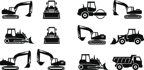 Construction Equipment Silhouette Set Featuring Excavators, Bulldozers, Road Rollers and Dump Trucks for Heavy Machinery Projects © RIFAT