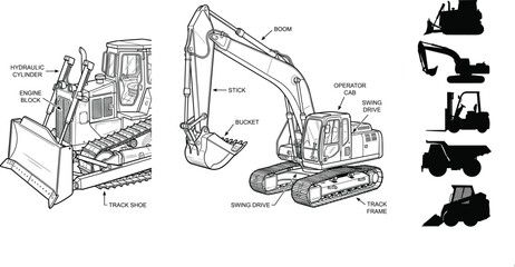 Construction Equipment Technical Illustration Set Featuring Excavator, Bulldozer, Forklift and Dump Truck with Machinery Component Labels © RIFAT