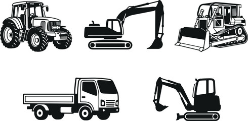 Construction Vehicle Silhouettes Collection Featuring Tractor Excavators Bulldozer Dump Truck and Heavy Machinery for Engineering Projects © RIFAT