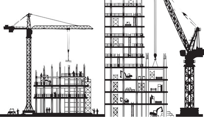 Silhouette of a busy construction site with high-rise buildings and tower cranes © Mokbul