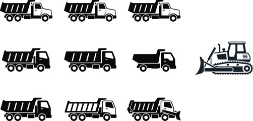 Dump Truck and Bulldozer Silhouettes Collection Featuring Heavy Construction Vehicles for Earthmoving Mining and Infrastructure Projects © RIFAT