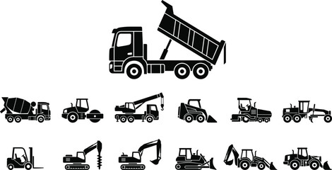 Heavy Construction Equipment Silhouettes Collection Featuring Dump Truck Excavator Forklift Loader Crane and Road Machinery Icons © RIFAT