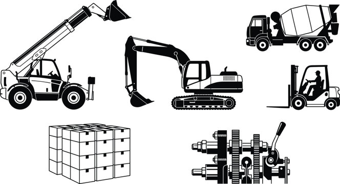 Construction and Industrial Equipment Collection Featuring Telehandler Excavator Concrete Mixer Forklift Machinery and Mechanical Engineering Components