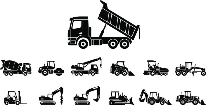 Heavy Construction Equipment Silhouettes Collection Featuring Dump Truck Excavator Forklift Loader Crane and Road Machinery Icons