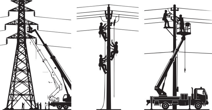 Silhouette of linemen repairing power lines on electric poles and transmission tower with bucket truck