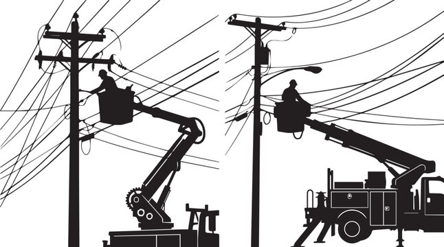 Silhouette of electrical linemen fixing power lines from cherry picker bucket trucks on utility poles