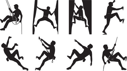 Silhouette collection of rock climbers and mountaineers rappelling and climbing on cliffs © Mokbul
