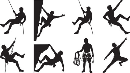 Silhouette collection of mountaineers and rock climbers rappelling climbing on cliffs and holding safety rope © Mokbul