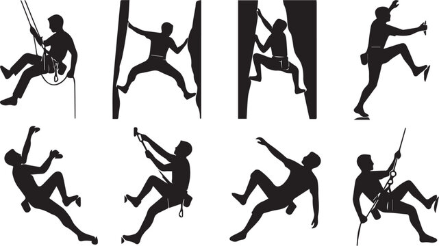 Silhouette collection of rock climbers and mountaineers rappelling and climbing on cliffs