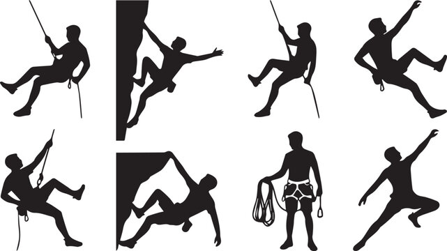 Silhouette collection of mountaineers and rock climbers rappelling climbing on cliffs and holding safety rope