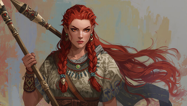 Warrior woman with red braided hair and spear digital painting face paint female warrior character design portrait character illustration medieval historical determined portraiture