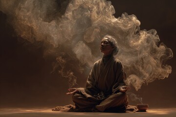 Fototapeta premium Yoga guru spiritual teacher in lotus pose with incense smoke curling upward, warm brown muted tones. Meditation, zen practice, calm wellness.