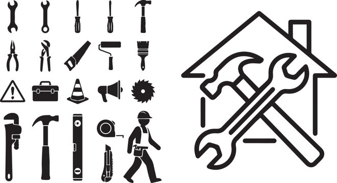 Home renovation service logo concept with silhouette set of handyman construction tools and builder worker