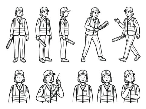 Female security guard character sheet with various poses and expressions line art illustration.
