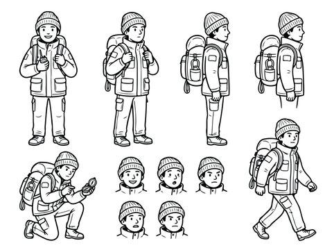 Hiker character sheet with different poses and facial expressions line art vector illustration.