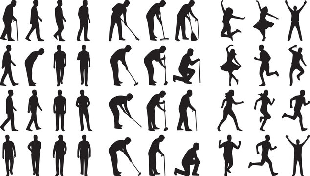 Silhouette collection of people in various poses including standing walking cleaning dancing and running