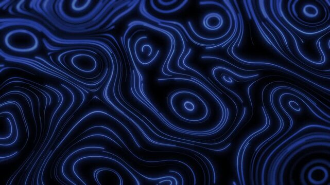 Blue neon contour line pattern forms digital terrain waves on black background, 4K 60fps loop, cyber map, data texture and technology visual.