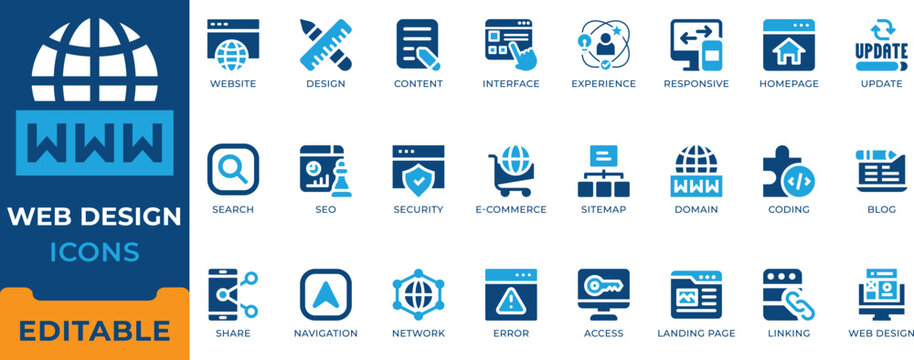 Web design and UI UX interface icon set. Responsive website, SEO optimization, coding, landing page, e-commerce, homepage, sitemap and web development vector symbols.