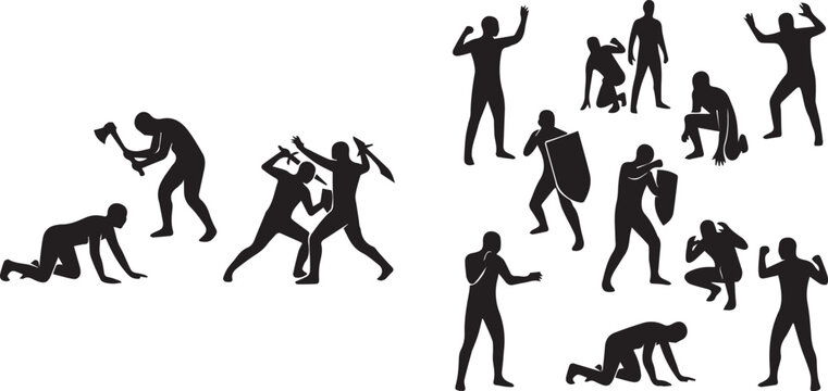 Silhouette collection of medieval warriors in combat fighting with sword shield and axe