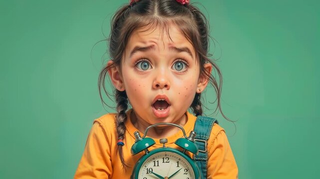 An excited and emotional cute girl holding a large alarm clock.