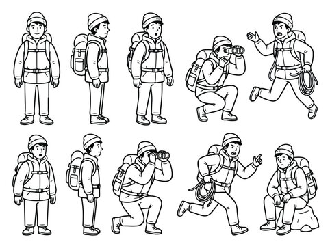 Mountaineer character model sheet with different poses and actions line art.