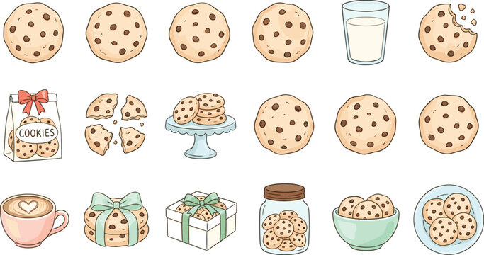 Cute cartoon chocolate chip cookies vector set featuring delicious sweet biscuits glass of milk coffee cup gift box and jar isolated on white background