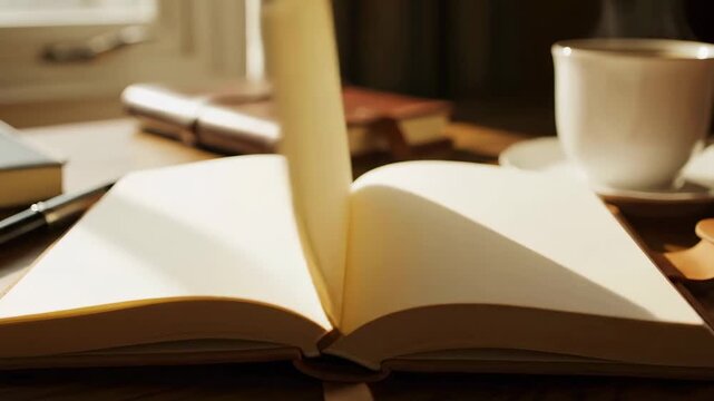 Hands turning the page of an open journal on a wooden table. Warm light from a nearby window creates a cozy atmosphere. Concept of writing, creativity, home office