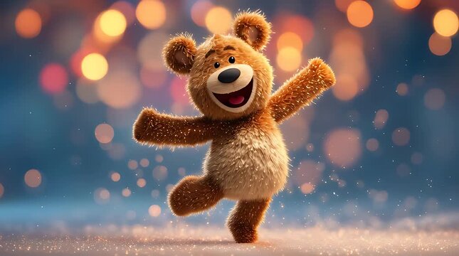 Cheerful teddy bear dancing with festive bokeh lights background