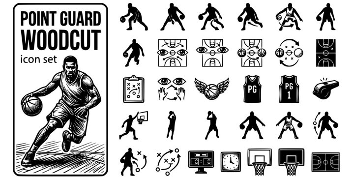Basketball Point Guard Woodcut Black White-Crossover Dribble Court Drive-Sport Vector-Guard Icon Woodcut-Basketball Design Set