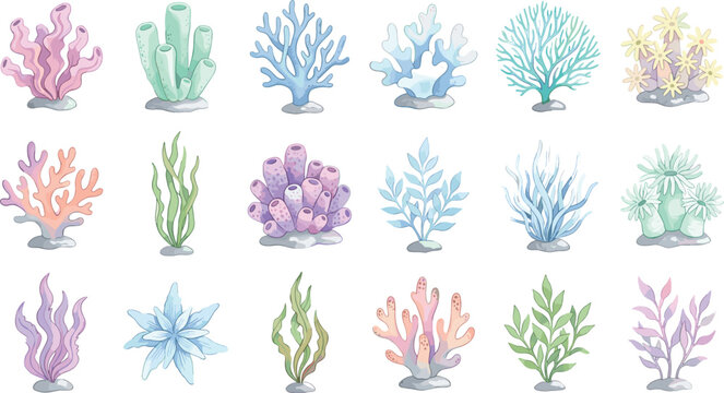 Beautiful watercolor coral reef elements vector set featuring colorful sea anemones ocean plants and seaweed isolated on white background