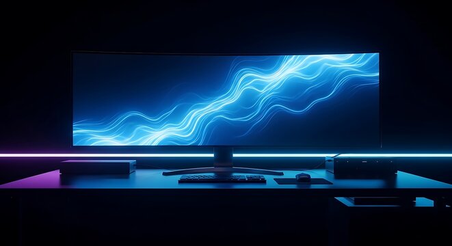 A sleek modern computer scren displaying abstract blue light waves on a curved monitor for an immersive gaming setup in a dimly lit minimalist workspace
