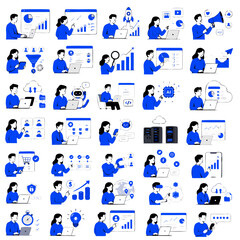 Fototapeta premium Business and productivity illustration pack with various scenes of teamwork and office activities.