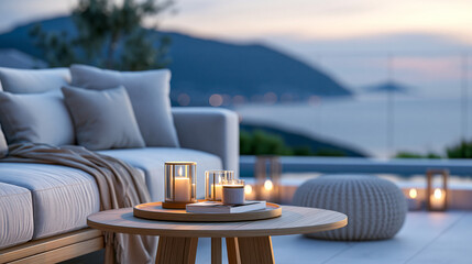 Fototapeta premium Close-up of a modern outdoor lounge inviting relaxation with mountain and ocean view at dusk, panoramic view concept, dusk outdoor photography, mountain ocean visualization,