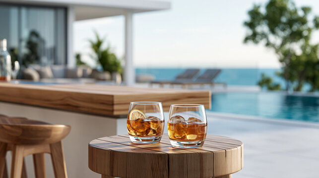 Close-up of a modern luxury home bar with a pool view featuring sleek interior design, pool bar concept, luxury bar photography, poolside lifestyle visualization, defocused