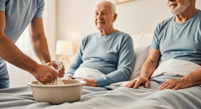Professional Male Caregiver Preparing Warm Water and Washcloth for Personal Hygiene of Two Senior Men in Nursing Home Care Center