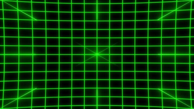 Futuristic green neon grid tunnel with glowing perspective lines digital cyber background