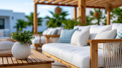 Fototapeta premium Close-up of a sophisticated outdoor lounge under a wooden canopy with comfortable seating and tropical greenery, canopy lounge concept, tropical outdoor photography, social