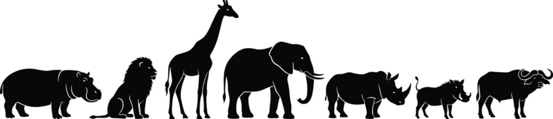 African Safari Wild Animal Black Silhouette Icon Set with Hippo Lion Giraffe Elephant Rhino Warthog and Buffalo Vectors for Zoo Designs © Rakib