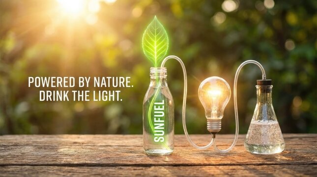 Plant leaf glowing inside a sunfuel bottle, connected by tube to an illuminated lightbulb, demonstrating green energy conversion from natural solar radiation, sustainable power generation concept.