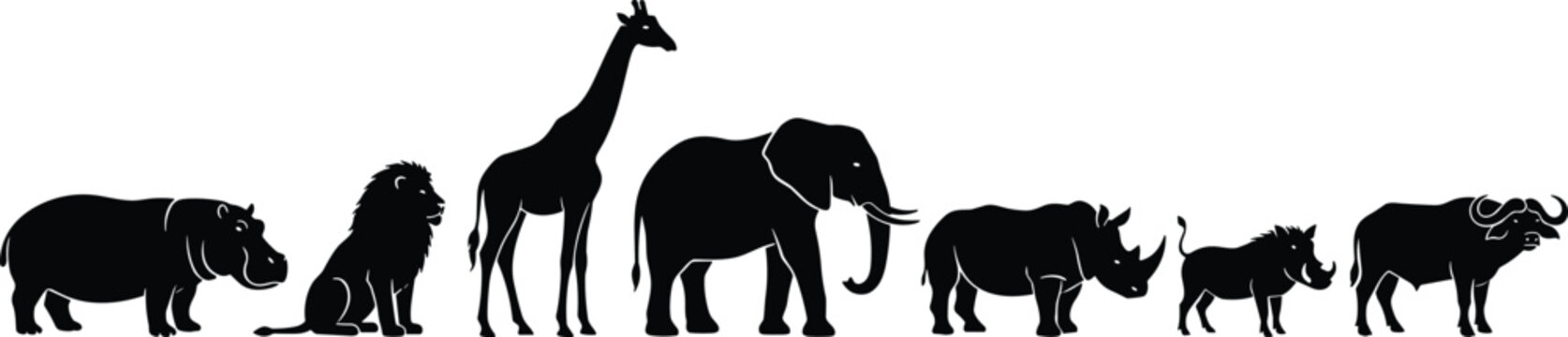 African Safari Wild Animal Black Silhouette Icon Set with Hippo Lion Giraffe Elephant Rhino Warthog and Buffalo Vectors for Zoo Designs