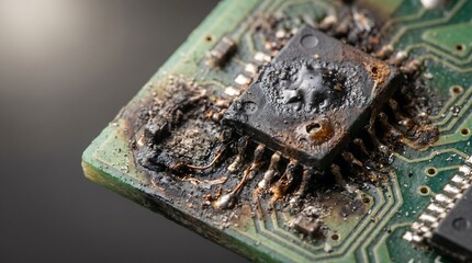 Fototapeta premium Severely burnt and melted microchip on a green circuit board against a dark background as a concept of hardware failure and overheating