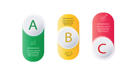 ABC Option Infographic Card Set. Three colorful infographic option cards with letters A, B, and C for comparison or choice layout. © Anhelina