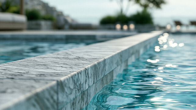 Close-up of a luxury marble outdoor pool area design with elegant stone surrounds, marble pool concept, outdoor marble photography, luxury pool design visualization, defocused