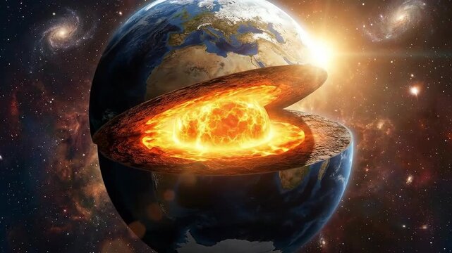Earth, presenting its intricate internal structure, a deep molten core, geological layer, outer crust, mantle, glowing inner planet, cosmic background, celestial body formation.