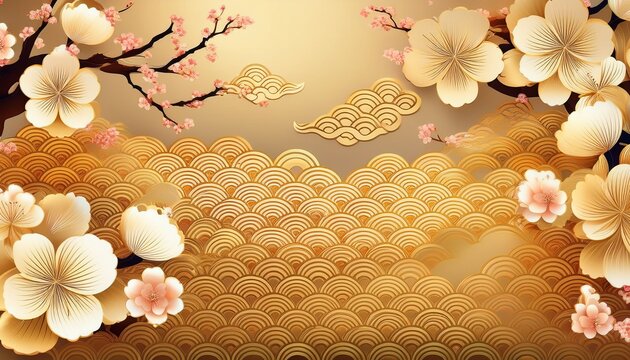 golden japanese floral cloud pattern background with geometric designs flower cherry blossom