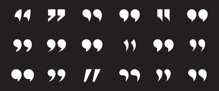 Set of inverted commas icons in black and white. Set of quotation mark for quote, text, symmetry, speech bubble vector silhouette illustration on white background.