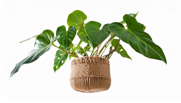 heartleaf philodendron houseplant with green leaves in a woven macrame hanging pot cut out stock png isolated on white background