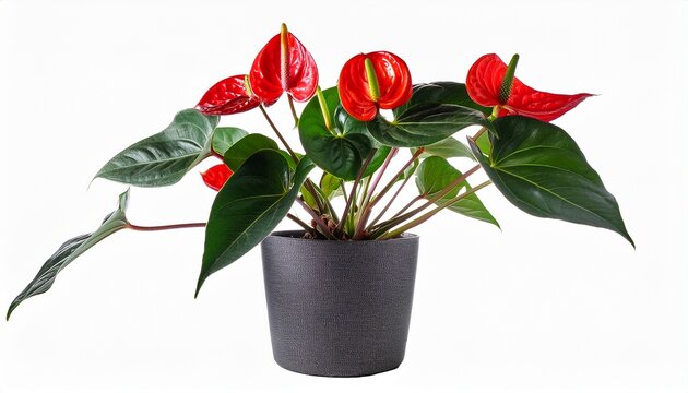 red anthurium plant with green leaves in a dark gray pot cut out stock png isolated on white background