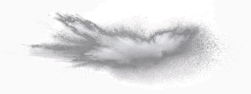 Explosive burst fine grey powder atomized dispersed mid-air, dynamic abstract particle cloud resembling wispy smoke or vapor trail.