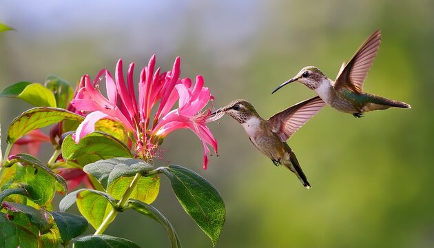 two ruby throated hummingbirds hovering in flight approaching a pink honeysuckle flower in a natural green habitat